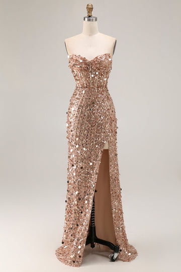Sparkly Champagne Strapless Sheath Long Prom Dress With Slit